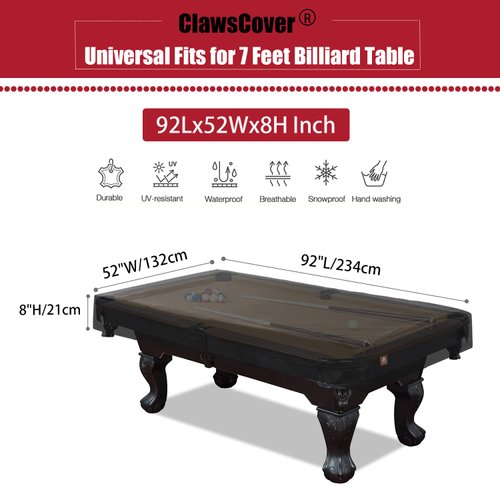 ClawsCover 7/8/9 Feet Billiard Pool Table Covers Waterproof Outdoor Indoor 420D Polyester Cloth Scrathed-Free All Season Rain Dust UV Protection Snooker Furniture Table Cover,7FT-92Lx 52Wx8H Inch