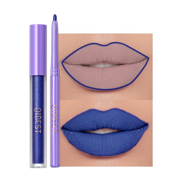 GL-Turelifes 2Pcs Matte Lip Liner & Lip Gloss Kit White Green Black Purple Vampire Lipstick Non-stick cup non-fading Liquid Lipstick long-lasting for Halloween Cosplay (#3 Blue)