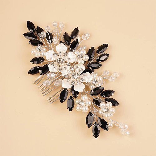 Kercisbeauty Black Crystal Silver Hair Comb Wedding Bridal Hair Accessories with Rhinestones Shiny Handmade Jewelry for Women Girls (Black)
