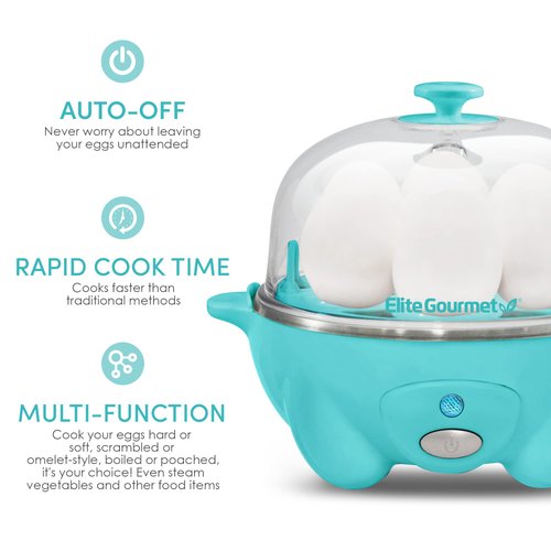 Elite Gourmet EGC-007T# Rapid Egg Cooker, 7 Easy-To-Peel, Hard, Medium, Soft Boiled Eggs, Poacher, Omelet Maker, Auto Shut-Off, Alarm, 16-Recipe Booklet, Teal