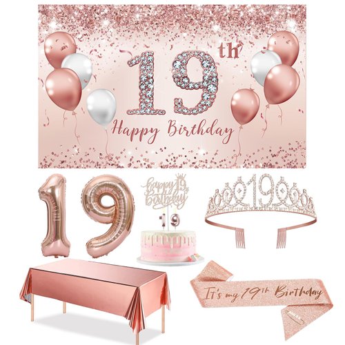 Trgowaul 19th Birthday Decorations Party Set for girls, Rose Gold 19 Birthday Banner and Tablecloth, 19& Fabulous Sash and Tiara, 1PC Happy 19th Birthday Cake Topper, Pink Gold 19 Number Balloons