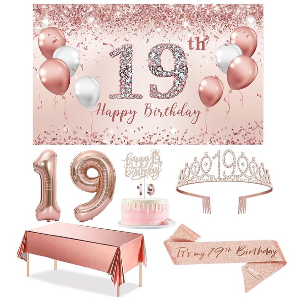 Trgowaul 19th Birthday Decorations Party Set for girls, Rose Gold 19 Birthday Banner and Tablecloth, 19& Fabulous Sash and Tiara, 1PC Happy 19th Birthday Cake Topper, Pink Gold 19 Number Balloons