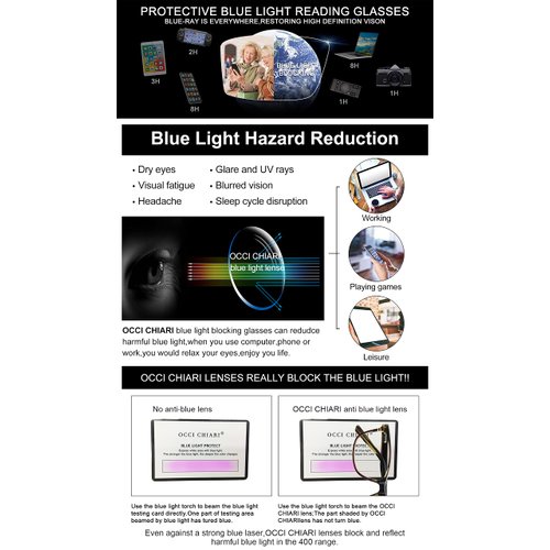 OCCI CHIARI Anti Blue Light Reading Glasses Computer Games Eyewear Rx Frame 1.0 1.5 2.0 2.5 3.0 3.5 4.0(300)
