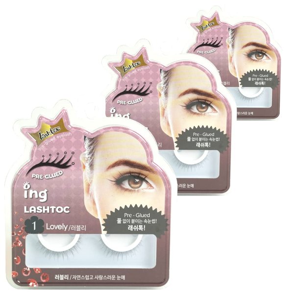 Ing Lashtoc, Lovely Style: Pre-Glued Natural Look Eyelashes, Long-Lasting Reusable Lightweight False Eyelashes, Made in Korea (3 pair pack, Lovely)