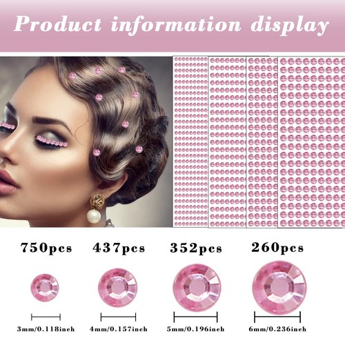 1799 Pcs 4 Sheets Rhinestone Stickers 3/4/5/6 mm Self Adhesive Rhinestones Gems for Face Eyes Makeup Hair Body (pink-3/4/5/6mm)