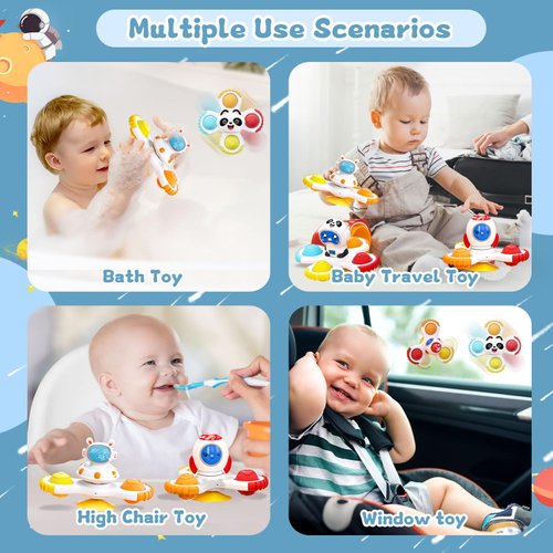 Saeifin 3Pcs Suction Cup Spinner Toy for Baby 12-18Months, Bath Toys for 2 Year Old Boy Girl, Plane Travel Toddler Sensory Toy, Birthday Girls 1st Birthday Sensory Toys, Window Toys for Infant