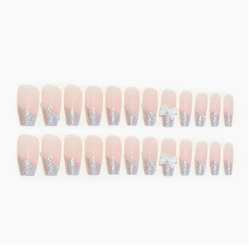 Hkanlre Bling Coffin Press on Nails Fake Nails Tips Full Cover Medium False Gradient Nails for Women and Girls 24PCS (Pearl Pink)