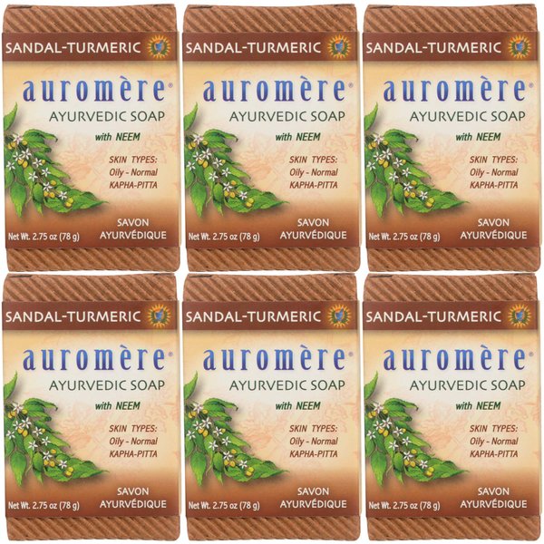 Auromere Ayurvedic Bar Soap, Sandal Turmeric - Eco Friendly, Handmade, Vegan, Cruelty Free, Natural, Non GMO (2.75 oz), 6 pack