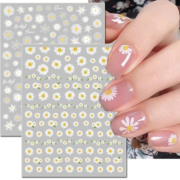 8 Sheets Flower Nail Art Stickers, 3D Daisy Nail Art Supplies White Flowers Sunflowers Floral Nail Designs,Designer Nail Stickers for Spring Summer DIY Acrylic Nail Art Decoration Accessories