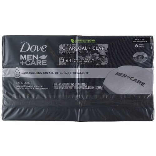 Dove, Men Bar Soap Charcoal + Clay, 4 Ounce (Pack of 6)