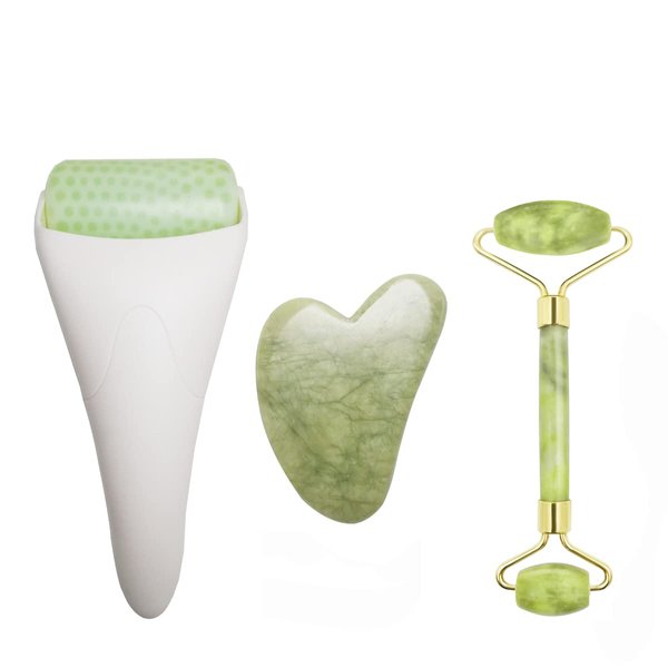 3 in 1 Ficial Face Ice Jade Roller and Gua Sha Tool, 100% Natural Real Jade Anti-Wrinkle Face Eye Neck Massager Tool, Reduce Wrinkles, Puffiness, Migraine, Redness, Pain and Injury