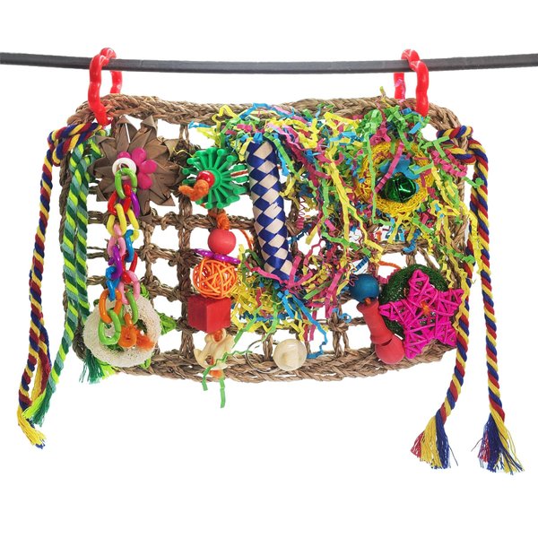 BeanBean Scoop Bird Bonanza - Colorful Grassy Playground with Floral Accents and Interactive Toys for Parakeet, Cockatiel, Conure, Lovebird, Budgie - Multi-Functional Bird Toy