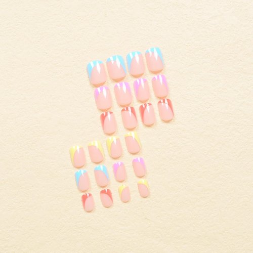 Extra Short Press on Nails Square Colorful Nails Press Ons Short Blue Fake Nails Colored French Tip Press on Nails Real Short False Nails Pink Stick on Nails for Women Summer Acrylic Glue on Nails Kit