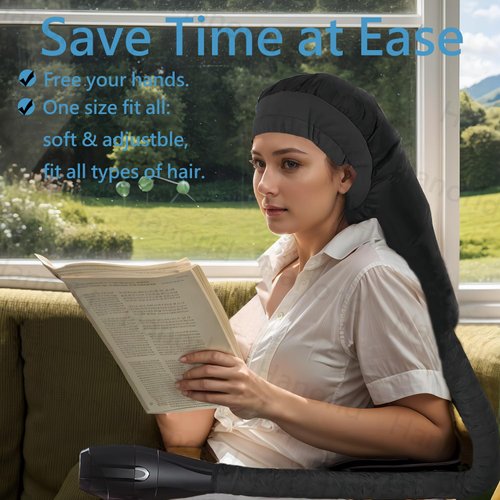 Hair Dryer Attachment Long Bonnet Hood Dryer with Headband, Reduces Heat Around Ears and Neck, Use for Hair Styling, Hair Drying, Curling and Deep Conditioning, Black