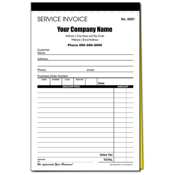 Custom Service Invoice Carbonless Form with Your Company Name - 2 Books (100 Sets) Numbered