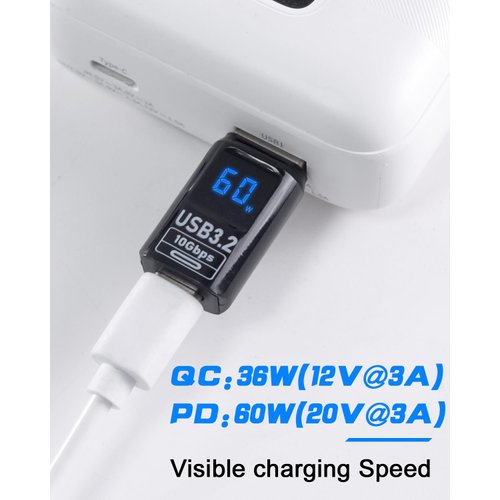 Poyiccot USB-A to USB-C Adapter with LED Digital Display, Supports 10Gbps Data Transfer & 60W Fast Charging for iPhone, MacBook