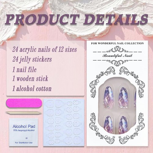 Medium Almond Press on Nails Purple Gradient Fake Nails with Rhinestones Diamond Design Almond Shaped Glossy Acrylic Nails Full Cover Acrylic Nails Glue on Nails for Women and Girls 24Pcs