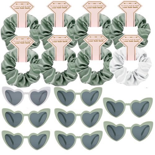 Satin Bridesmaid Scrunchies Bachelorette Hair Ties Set of 8 sunglasses Bridal Shower No Damage Hairties ideas Gift for Wedding Party Favors Bridesmaid Proposal Gifts (White & Sage Green)