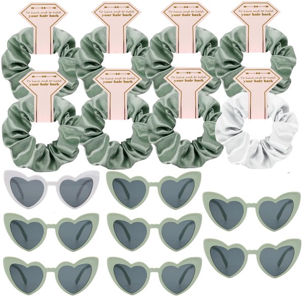 Satin Bridesmaid Scrunchies Bachelorette Hair Ties Set of 8 sunglasses Bridal Shower No Damage Hairties ideas Gift for Wedding Party Favors Bridesmaid Proposal Gifts (White & Sage Green)