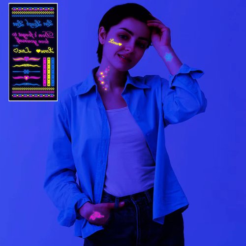 Neon Temporary Tattoos Glow in The Dark UV Neon Tattoos Stickers 160 Glitter Styles Butterfly Feather Wing Colorful Henna Fake Waterproof Tattoos for Adults Kids Party Decoration