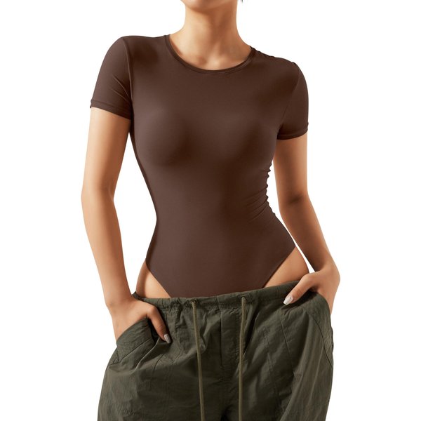 SUUKSESS Women Short Sleeve Bodysuit Crew Neck Thong Body Suit Shirts Basic Tops (Coffee, S)
