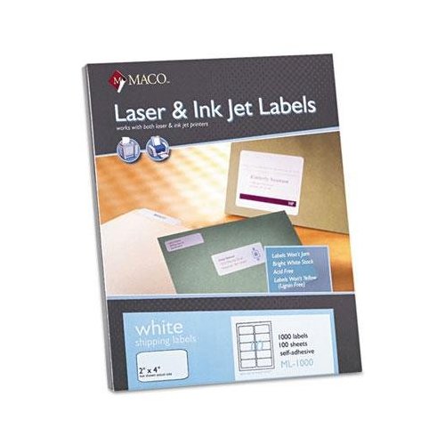 MACO Printable Labels for Shipping - Laser/Ink Jet Compatible Shipping Labels, 10 per Sheet, 2" x 4", Box of 100 Pages/1000 Labels, White