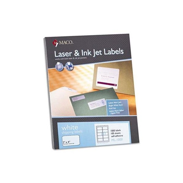 MACO Printable Labels for Shipping - Laser/Ink Jet Compatible Shipping Labels, 10 per Sheet, 2" x 4", Box of 100 Pages/1000 Labels, White