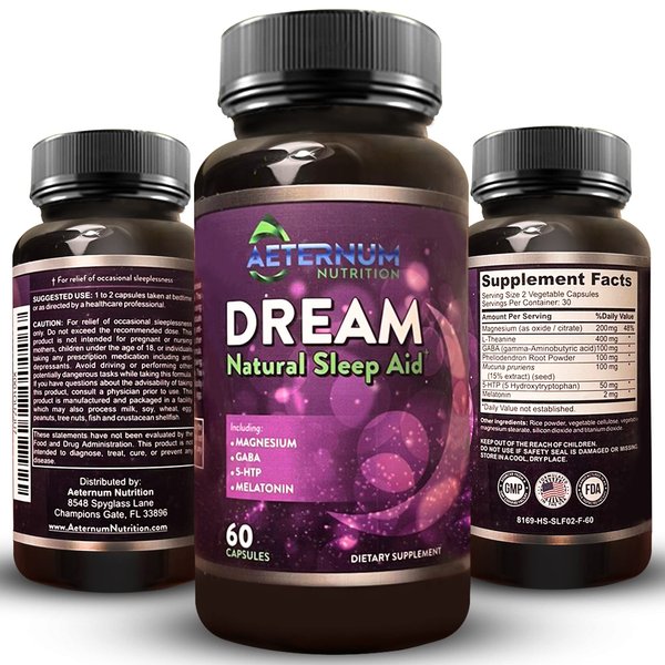 Dream Natural Sleep Supplement for Adults – Relaxing Sleep, Wake Rested - Non Habit Sleep Aid Capsules Free from Sugar, Carbs - Melatonin, Magnesium, 5HTP, L-Theanine, GABA- Non-GMO 60 Sleeping Pills