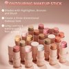 MKNZOME 3Pcs Cream Contour Stick, with Highlighter Stick Milk Bronzer Stick Blush Stick, Face Contour Stick Highlighter Makeup with Makeup Brush and Sponge, Easy to Sculpt the Face, Long Lasting