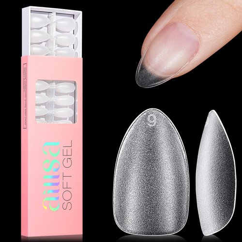 AILLSA Short Almond Nail Tips - Upgraded Matte Soft Gel Nail Tips No Filed, Pre-shaped Full Cover Short Almond Nails Clear Acrylic False Gelly Nail Tips for Soak Off Nail Extensions 240 PCS 15 Sizes