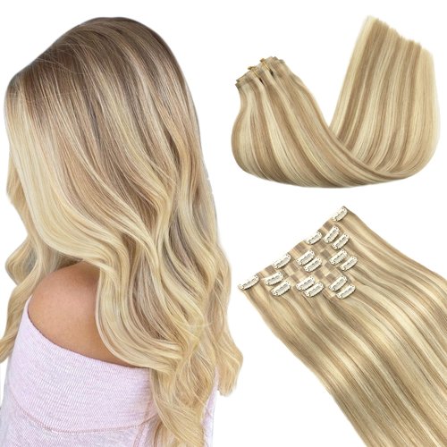GOO GOO Clip in Hair Extensions Real Human Hair, Remy Human Hair Extensions Clip ins for Women, Natural Human Hair, 20inch 150g 7Pcs, 18A/613A Dark Blonde Highlighted Bleach Blonde