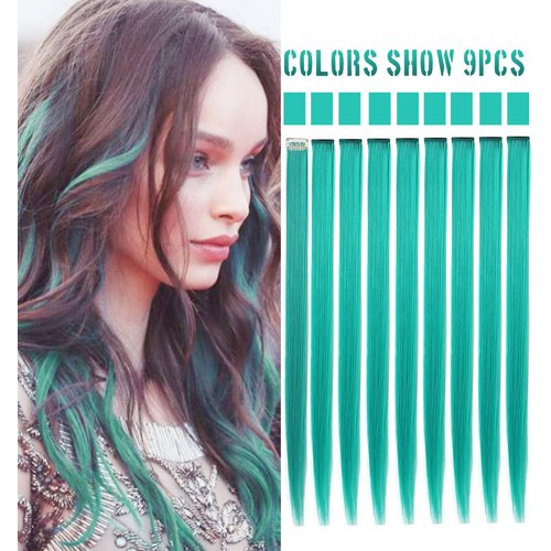 Rhyme 21'' 9PCS Princess Party Highlight Teal Hair Pieces Colored Hair Extensions Clip in/on for America Girls and Women Wig Pieces (Teal blue)