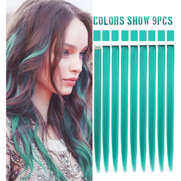 Rhyme 21'' 9PCS Princess Party Highlight Teal Hair Pieces Colored Hair Extensions Clip in/on for America Girls and Women Wig Pieces (Teal blue)