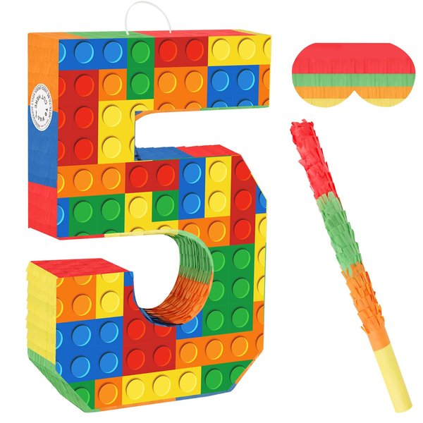 Lemicin Number Building Blocks Decor for Pinata Birthday Party Supplies, Girls Boys Fiesta Carnival Games with Stick & Blindfold (Number 5)