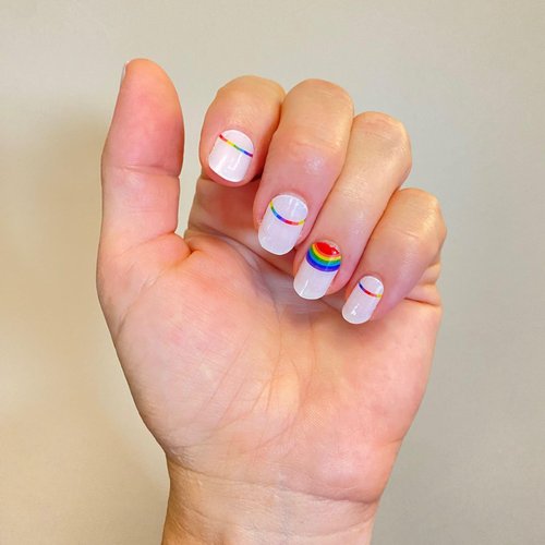 ALICE & BELLA Semi Cured Gel Nail Strips - Look For The Rainbow - Milky White Base w/Multi Color Rainbow Mani Polish Wraps Kit - Manicure Art Stickers Pride Mani - Use With Any UV Light Lamp
