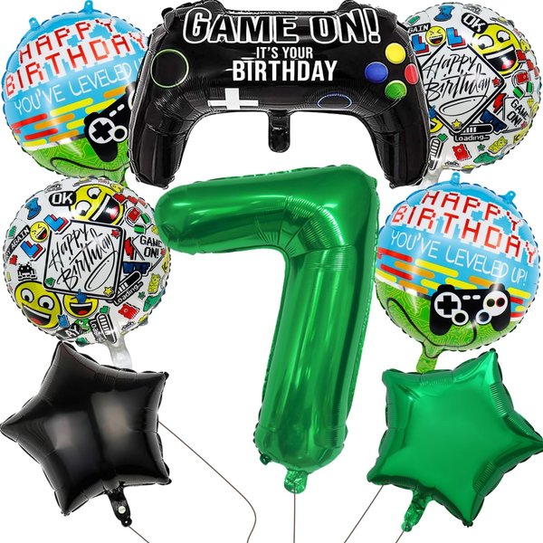Video Game Party Balloons Supplies Include Huge Controller Balloons 32 inch Number 7 Foil Balloon Round Gaming Balloons Star Foil Balloons for Kids Boys 7th Birthday Decorations