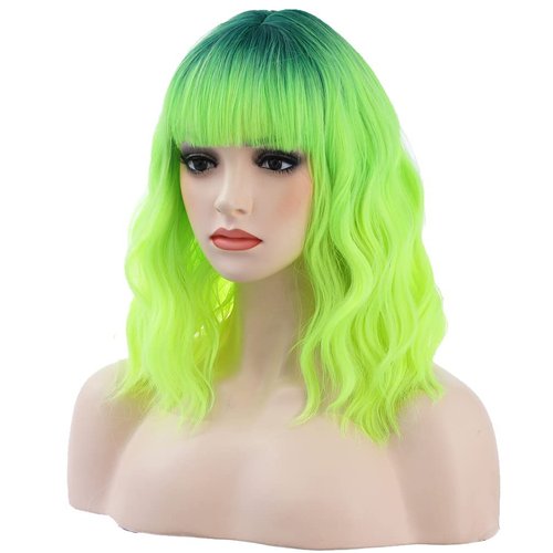 BERON 14 Inches Neon Green Wig Short Curly Wig Lemon Green Wig with Bangs Dark Root Ombre Green Wig Synthetic Wigs Women Girls Ombre Wig with Wig Cap