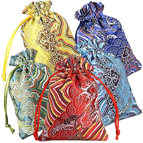 PINOWU 10pcs Silk Brocade Jewelry Pouch Bag 4x5.5 for Wedding Party Favors, Drawstring Coin Purse Embroidered Sachet Candy Chocolate Bag for Christmas New Year Birthday Party (Thick)