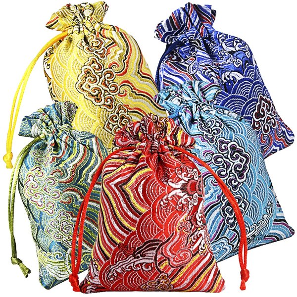 PINOWU 10pcs Silk Brocade Jewelry Pouch Bag 4x5.5 for Wedding Party Favors, Drawstring Coin Purse Embroidered Sachet Candy Chocolate Bag for Christmas New Year Birthday Party (Thick)