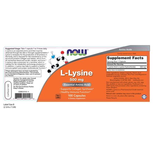 NOW Foods Supplements, L-Lysine (L-Lysine Monohydrochloride) 500 mg, Amino Acid, 100 Veg Capsules