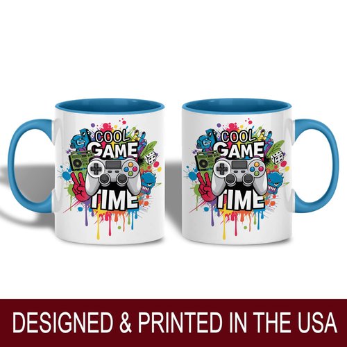 Cool Game Time Design Ceramic Mug, 11oz Coffee Cup for Gamers, Colorful Gaming Controller and Fun Doodle Theme, Unique Gift for Video Game Lovers, Reusable Eco-Friendly Mug for Hot Beverages, Tea-Milk