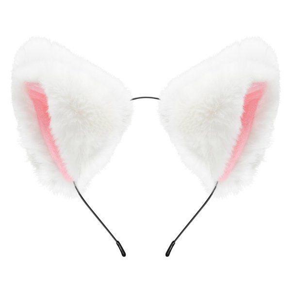 Pedenty Cat Fox Ears Headband for Women Girls, Halloween Cosplay Cat Costume Faux Fur Ears Headbands Hair Accessories for Adult Kids (White)…