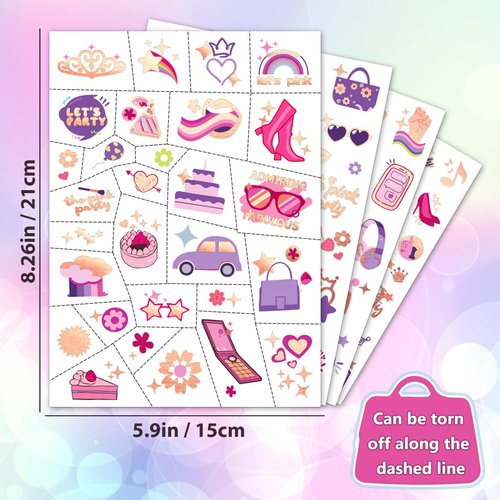 Waterproof Temporary Tattoos - 128pcs Groovy Fake Tattoo for Girls Birthday Party Favors, Princess Bag Rainbow Shoes Girl Power DIY Arts and Crafts Home Activity for Kids 6 7 8 9 10 11 12 years old