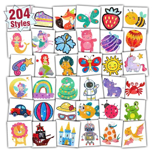 Partywind 204 Glitter Styles Individually Wrapped Sheets Kids Fake Tattoos, Birthday Gifts for Boys and Girls Party Supplies Favors, Waterproof Tattoo Stickers for Goodie Bag Stuffers