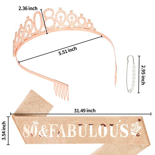 YARIEW 80th Rose Gold Crown + 80 & Fabulous Birthday Sash + Pearl Pin Set, 80th Birthday Sash and Tiara for Women, 80th Birthday Decorations for Women, Happy 80th Birthday Gifts for Women