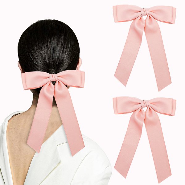 Vovii 2Pcs Pink Hair Bows Hair Ribbons for Women & Girls, Cute Satin Bows for Women, Hair Bow Clips for Women Girl's Hair Accessories, Women's Ribbons for Hair