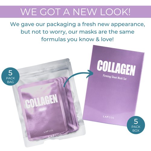 LAPCOS Collagen Sheet Mask, Firming Daily Face Mask with Collagen Peptides for Wrinkles & Dark Spots, Korean Beauty Favorite, 5-Pack
