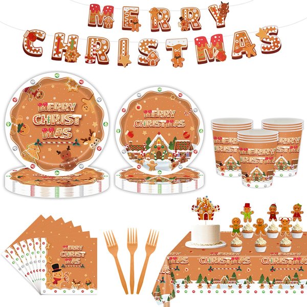 Gingerbread Christmas Party Decorations Tableware Set Includes Gingerbread Christmas Plates Napkins Cups Banner Cake Toppers Tablecloth for Xmas Gingerbread Christmas Party Supplies，Serve 20