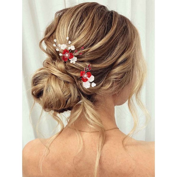 Latious Wedding Bridal Hair Pins Red Flower Bride Hair Clips Pearl Hair Clips Crystal Hair Piece Bridesmaids Hair Accessories for Women and Girls