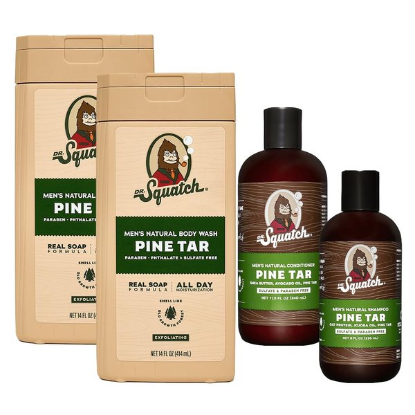 NEW Dr. Squatch Natural Body Wash and Hair Kit for Men Gift Set - Pine Tar - Exfoliating Body Wash (14 oz, 2 Pack) + Shampoo (8 oz) + Conditioner (11.5 oz)
